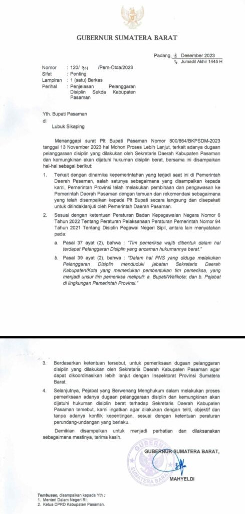 Surat Gubernur Sumatera Barat, Mahyeldi Nomor 120/901/Pem-Otda/2023 tanggal 18 Desember 2023 perihal penjelasan pelanggaran disiplin Sekda Kabupaten Pasaman ditujukan kepada Bupati Pasaman, Sabar AS