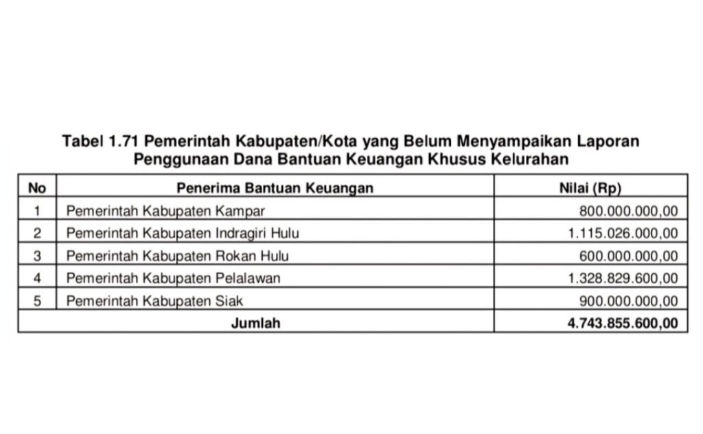 Pemerintah Kabupaten/Kota di Provinsi Riau yang Belum Menyampaikan Laporan Penggunaan Dana Bantuan Keuangan Khusus Kelurahan (dok. LHP BPK)