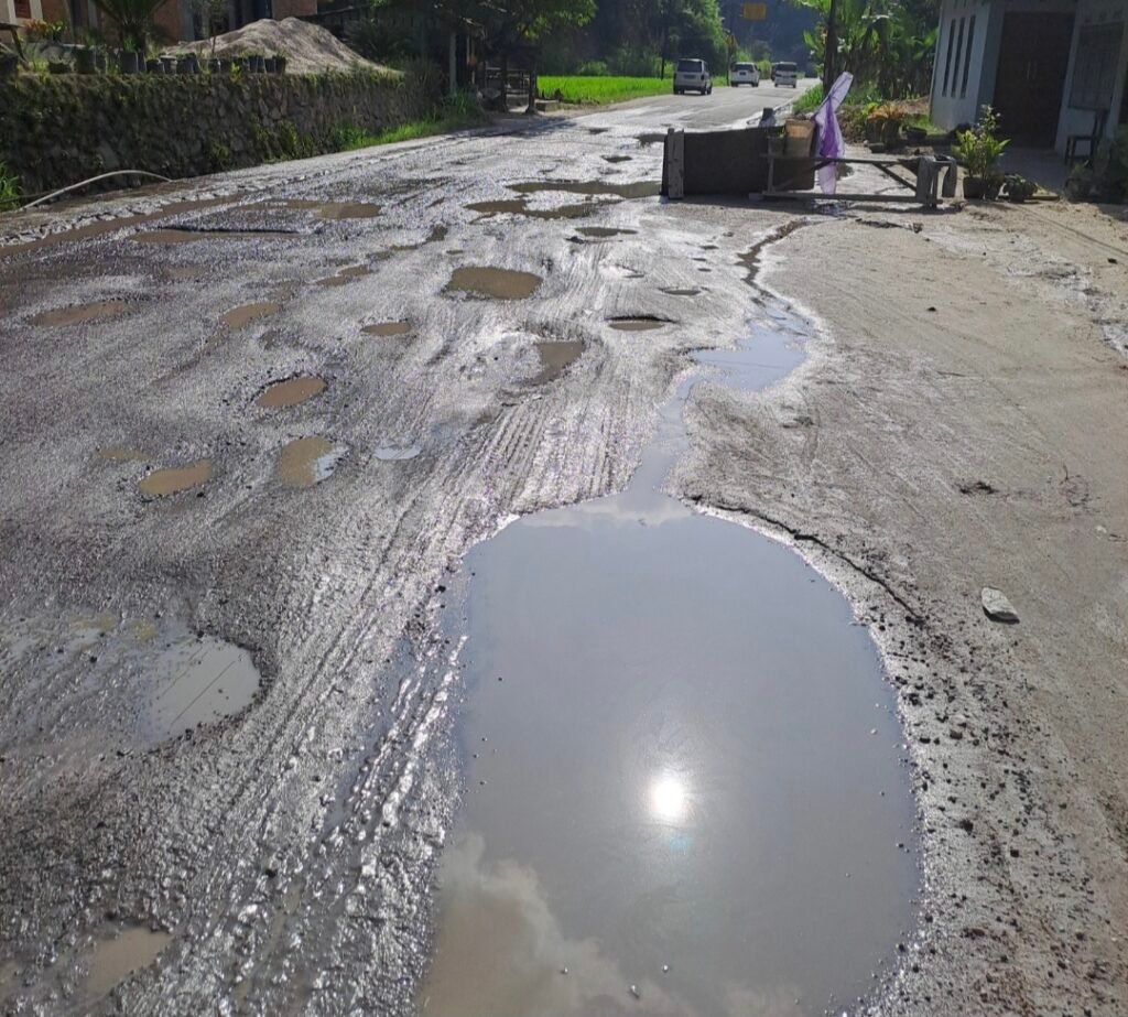 Kondisi jalan nasional dibawah tanggungjawab Balai Pelaksana Jalan Nasional (BPJN) Sumatera Barat tepatnya di batas Kota Bukittinggi - batas Sumatera Utara yang berlubang, tergenang air, dan berlumpur, Selasa (25/6/2024).