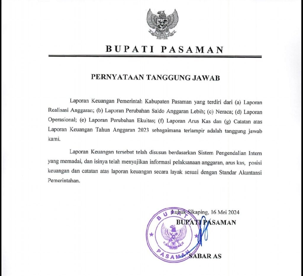 Surat pernyataan tanggungjawab oleh Bupati Pasaman Sabar AS. (dok. LHP BPK)