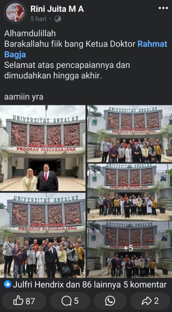 Tangkapan layar unggahan akun Facebook Rini Juita M A lima hari lalu yang menampilkan foto bersama Ketua Bawaslu RI Rahmat Bagja dan anggota Majelis Pemeriksa Daerah DKPP Sumbar, Elly Yanti, di Universitas Andalas. Dalam unggahannya, Rini Juita menulis: "Alhamdulillah Barakallahu fiik bang Ketua Doktor Rahmat Bagja Selamat atas pencapaiannya dan dimudahkan hingga akhir. Aamiin YRA"