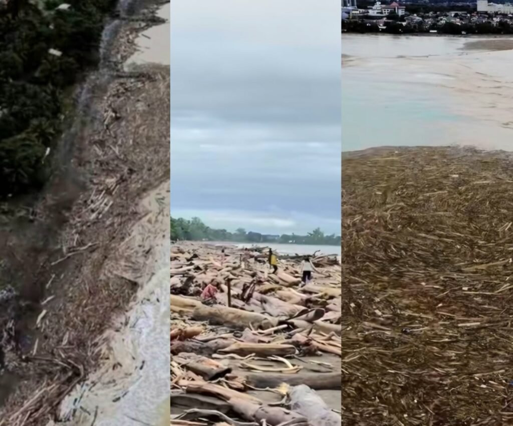 Tumpukan kayu akibat banjir besar di Kota Padang.