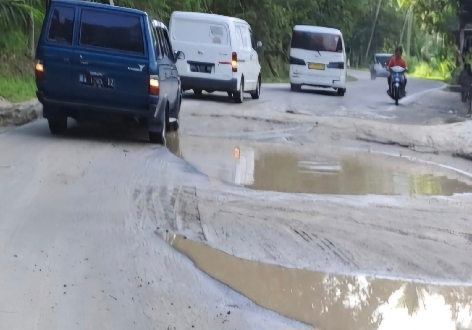 Kondisi jalan nasional dibawah tanggungjawab Balai Pelaksana Jalan Nasional (BPJN) Sumatera Barat tepatnya di batas Kota Bukittinggi - batas Sumatera Utara yang berlubang, tergenang air, dan berlumpur, Selasa (25/6/2024).