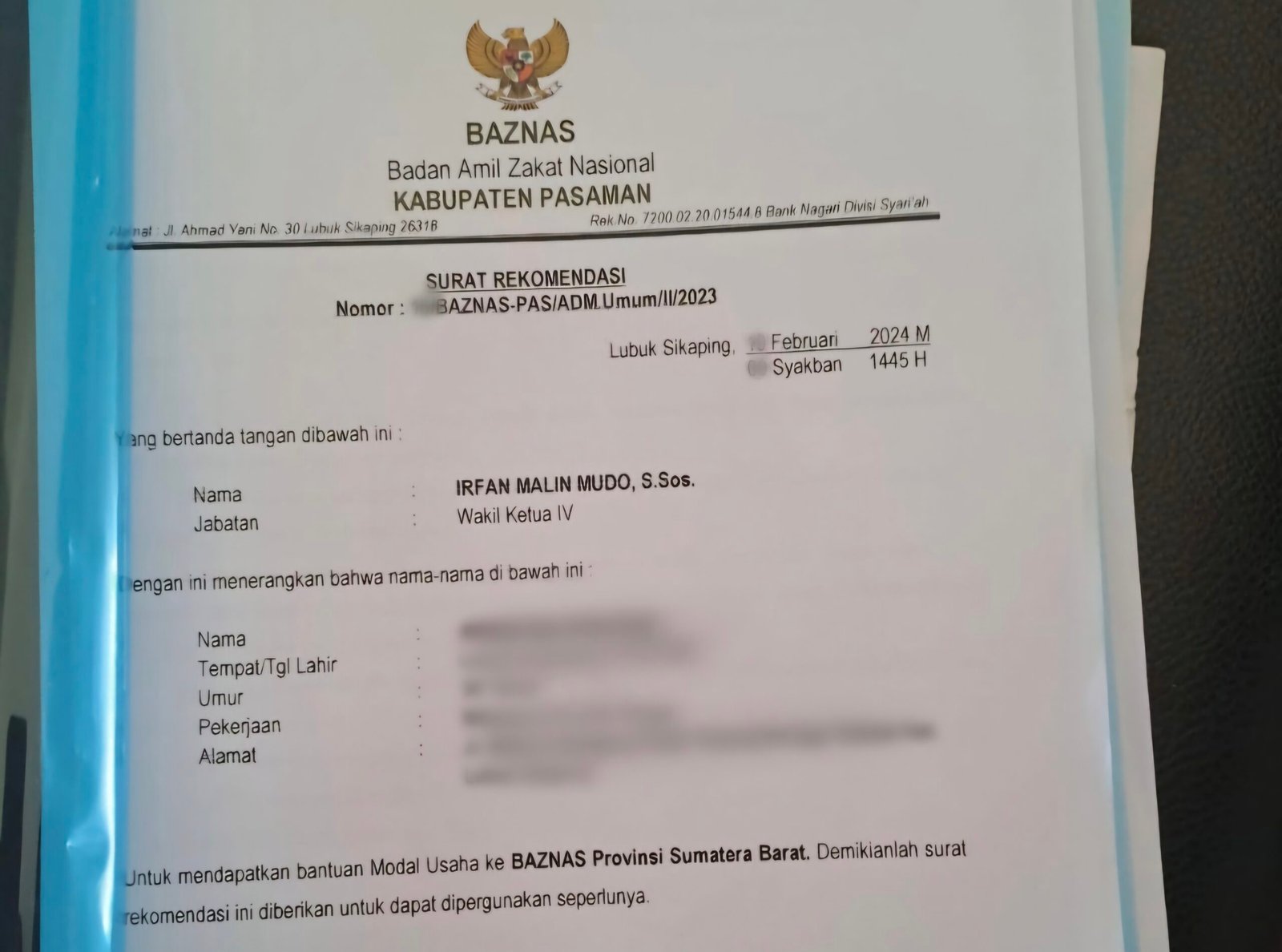 Surat rekomendasi Baznas Kabupaten Pasaman