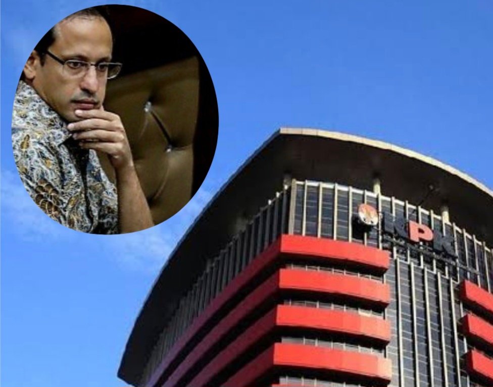 Kolase foto kantor KPK dengan eks Mendikbud Nadiem Makarim.