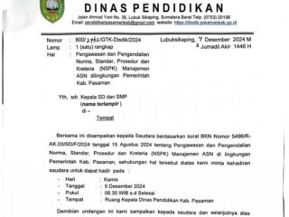 Plt Kepala Dinas Pendidikan Kabupaten Pasaman, Gunawan melalui suratnya meminta sebanyak 17 kepala sekolah tingkat SD dan SMP Negeri untuk hadir diruangannya pada Kamis 5 Desember 2024.