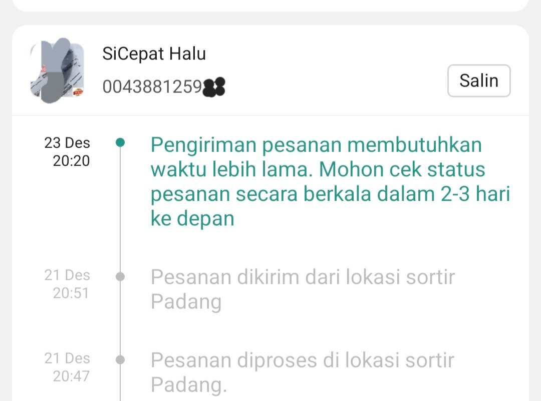 Paket nomor resi 0043881259×× sejak 21 Desember 2024 tertahan di Padang, Selasa (24/12/24).