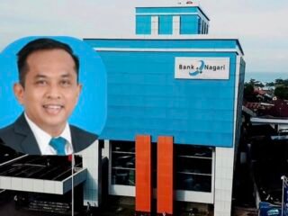 Kolase foto Kantor Bank Nagari dan Direktur Utama Bank Nagari, Gusti Candra