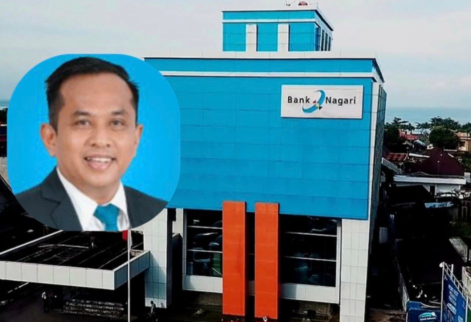 Kolase foto Kantor Bank Nagari dan Direktur Utama Bank Nagari, Gusti Candra