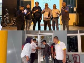Kolase foto Kantor Komite Olahraga Nasional Indonesia (KONI) Sumatera Barat digembok oleh sejumlah pengurus cabang olahraga, Senin (28/7/2025), dan Ketua KONI Sumatera Barat, Ronny Pahlawan bersama sejumlah pengurus, melaporkan tindakan penyegelan Kantor KONI Sumbar tersebut ke Polda Sumbar, Rabu (30/7/2025).