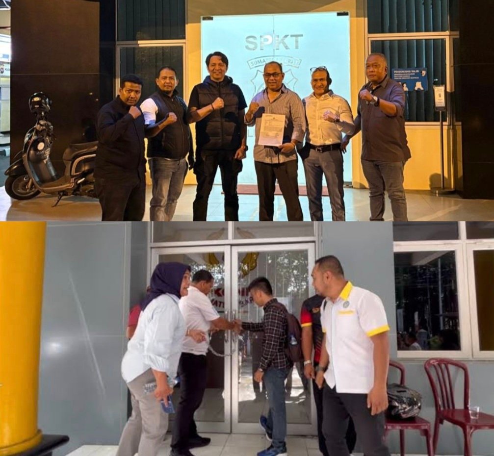 Kolase foto Kantor Komite Olahraga Nasional Indonesia (KONI) Sumatera Barat digembok oleh sejumlah pengurus cabang olahraga, Senin (28/7/2025), dan Ketua KONI Sumatera Barat, Ronny Pahlawan bersama sejumlah pengurus, melaporkan tindakan penyegelan Kantor KONI Sumbar tersebut ke Polda Sumbar, Rabu (30/7/2025).