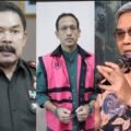 Kolase foto Nadiem Anwar Makarim, Menteri Pendidikan, Kebudayaan, Riset, dan Teknologi periode 2019–2024 (tengah), Sanitiar Burhanuddin (kanan), dan Ketua Komisi Pemberantasan Korupsi (KPK) Setyo Budiyanto (kiri).