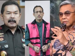 Kolase foto Nadiem Anwar Makarim, Menteri Pendidikan, Kebudayaan, Riset, dan Teknologi periode 2019–2024 (tengah), Sanitiar Burhanuddin (kanan), dan Ketua Komisi Pemberantasan Korupsi (KPK) Setyo Budiyanto (kiri).