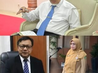 Kolase foto Gubernur Sumatera Barat, Mahyeldi dengan Kepala Dinas Pendidikan Sumbar, Habibul Fuadi dan Kepala BKD Sumbar, Fitriati M.