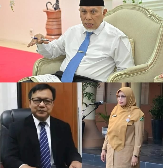 Kolase foto Gubernur Sumatera Barat, Mahyeldi dengan Kepala Dinas Pendidikan Sumbar, Habibul Fuadi dan Kepala BKD Sumbar, Fitriati M.