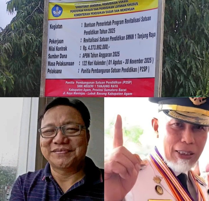 Kolase foto Gubernur Sumatera Barat Mahyeldi, Kepala Dinas Pendidikan Sumbar, Habibul Fuadi, papan informasi pekerjaan revitalisai SMKN 1 Tanjung Raya.