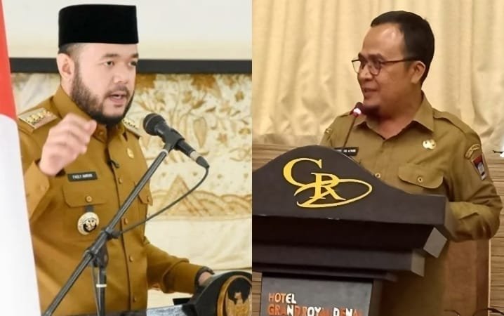 Kolase foto Wali Kota Padang, Fadly Amran (pakai peci) dengan Sekretaris DPRD Kota Padang, Hendrizal Ashar (pakai kaca mata)