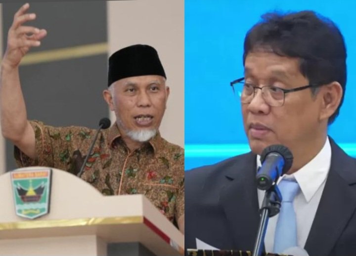 Kolase foto Menkeu Purbaya Yudhi Sadewa (jas hitam) dengan Gubernur Sumatera Barat Mahyeldi (baju batik)