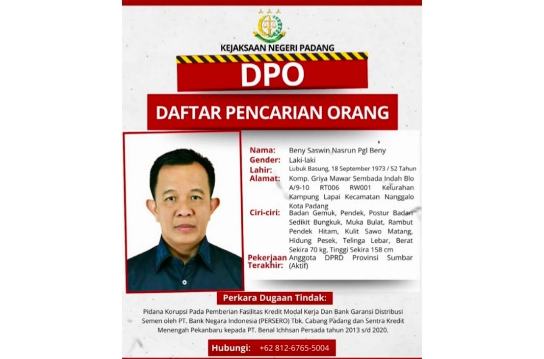 Oknum anggota DPRD Sumbar, BSN jadi DPO Kejari Padang. (Dok. Instagram/@kejaksaan.negeri.padang)