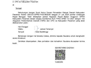 Undangan Sekda Pasaman untuk Rapat Anggaran di Hotel Bukittinggi, Kepala OPD Tak Boleh Diwakilkan